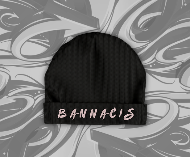 Bannacis black beanie hat front with pink text