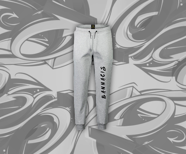 gray joggers, black Bannacis text