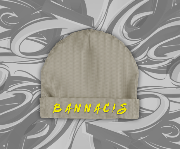 tan beanie hat, yellow Bannacis text